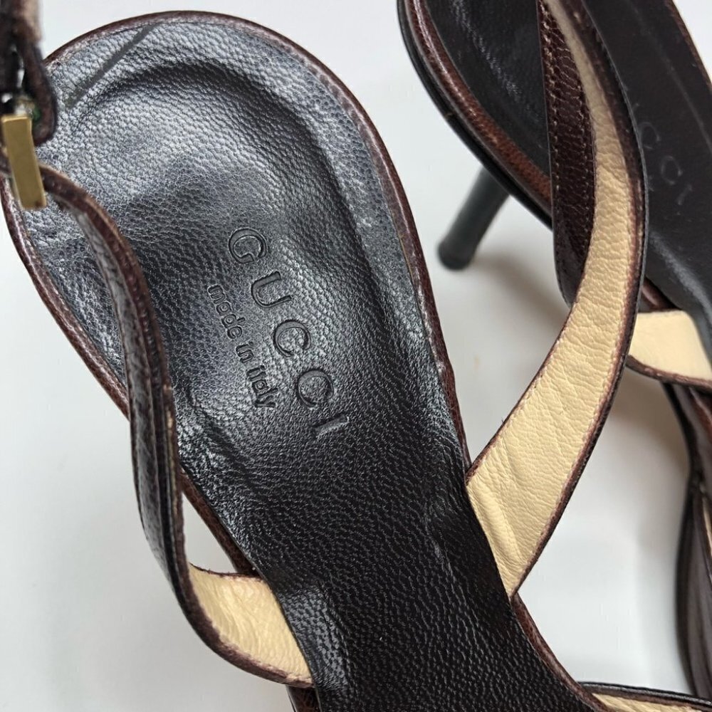 VINTAGE Gucci Leather Chocolate Brown Square Toe Slingback Designer Luxe Heels - Picture 5 of 16
